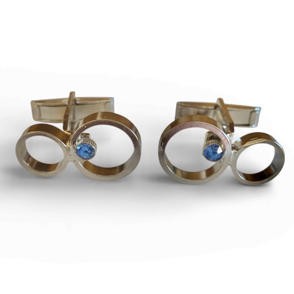 🧿 Modernist Silver-Tone Cufflinks with Blue Stone — Geometric Double Circle
